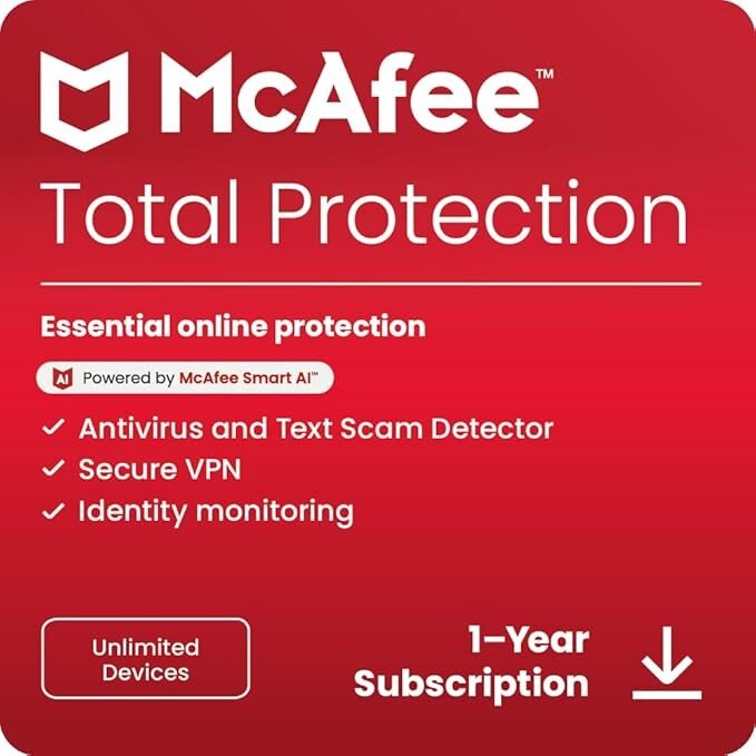 McAfee Total Protection Unlimited Devices 2025 Ready | Security Software Includes Antivirus, Secure VPN, Password Manager, Identity Monitoring | Download
